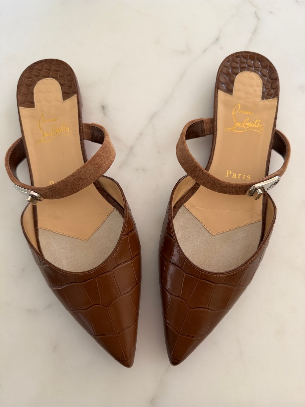 Christian Louboutin Brown Croc-Embossed Pointed Toe Mules with Suede Strap